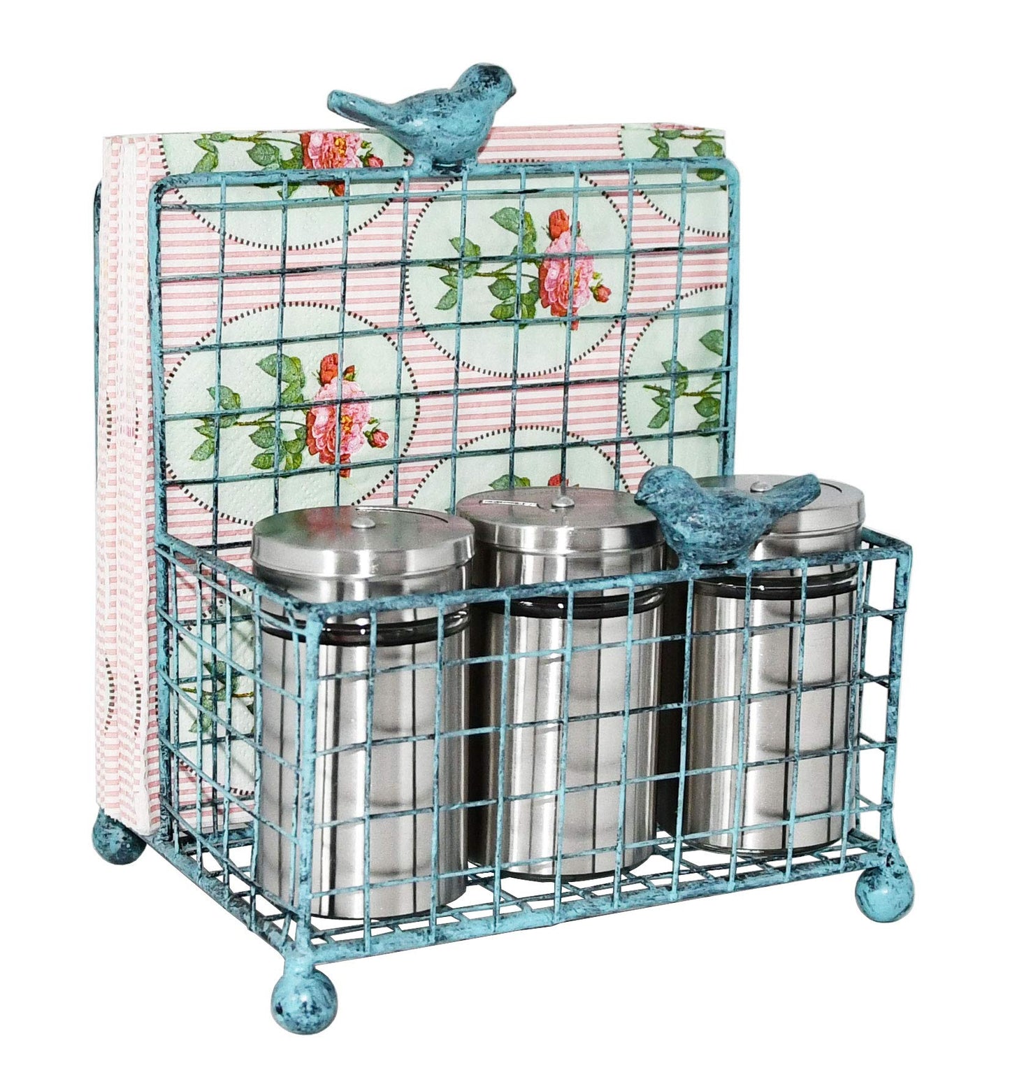 OwlGift Metal Salt & Pepper Holder, Upright Napkin Holder w/Top Cast Iron Bird, Freestanding Condiments Storage Organizer, Napkin Caddy for Tabletop, Office, Restaurant, Dinning Table – Turquoise