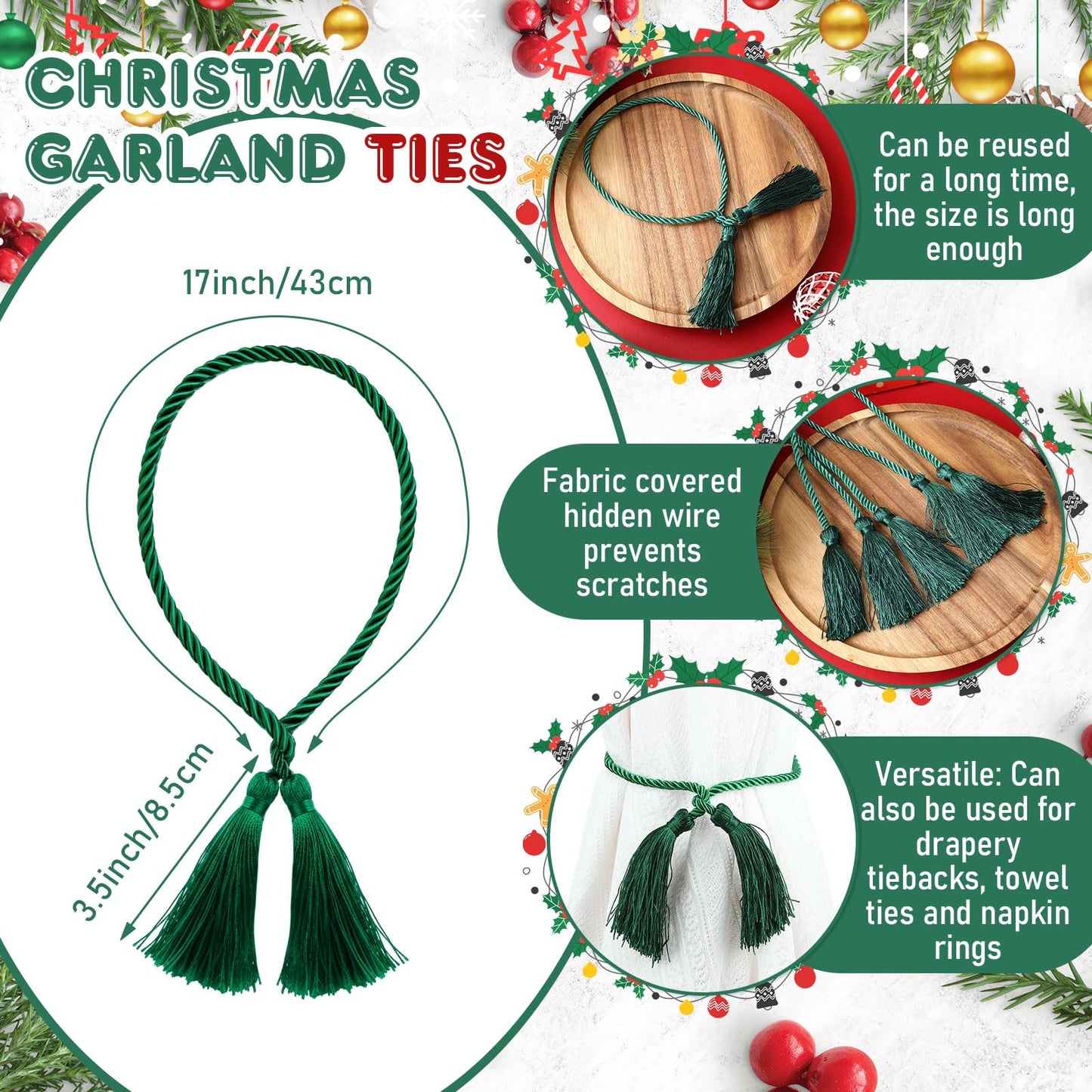 Zhengmy 15 Pcs 24 Inch Christmas Garland Ties with Tassels Decorative Twist Tie for Banister Reusable Flexible Twist Tie for Garland Fireplace Staircase Banister Home Xmas Holiday Decorations (Green)