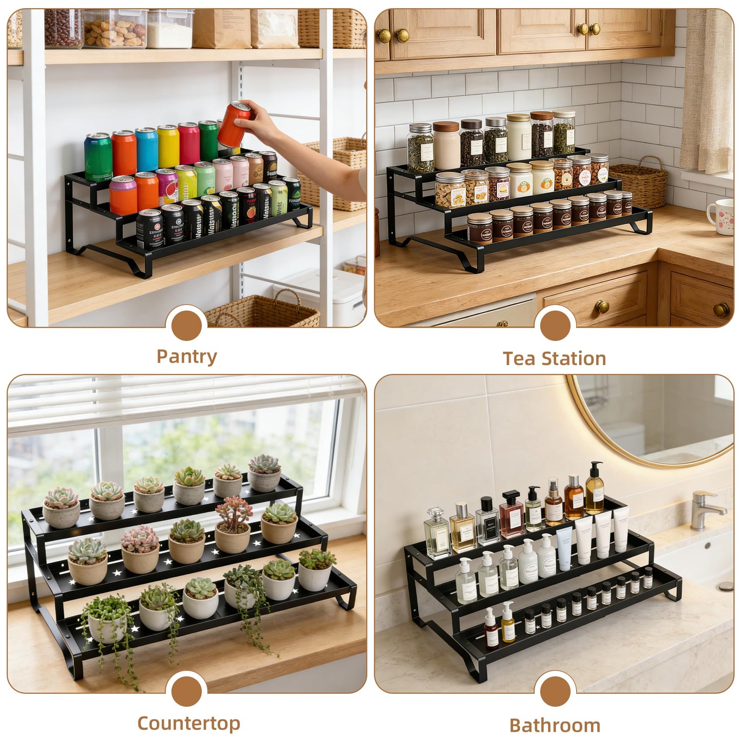 SANKEU Expandable Spice Rack Organizer for Cabinet 3 Tiered Metal Seasoning Organization with Guardrails Spice Shelf Storage for Jars Adjustable Length 13"-21" Black 1Pack