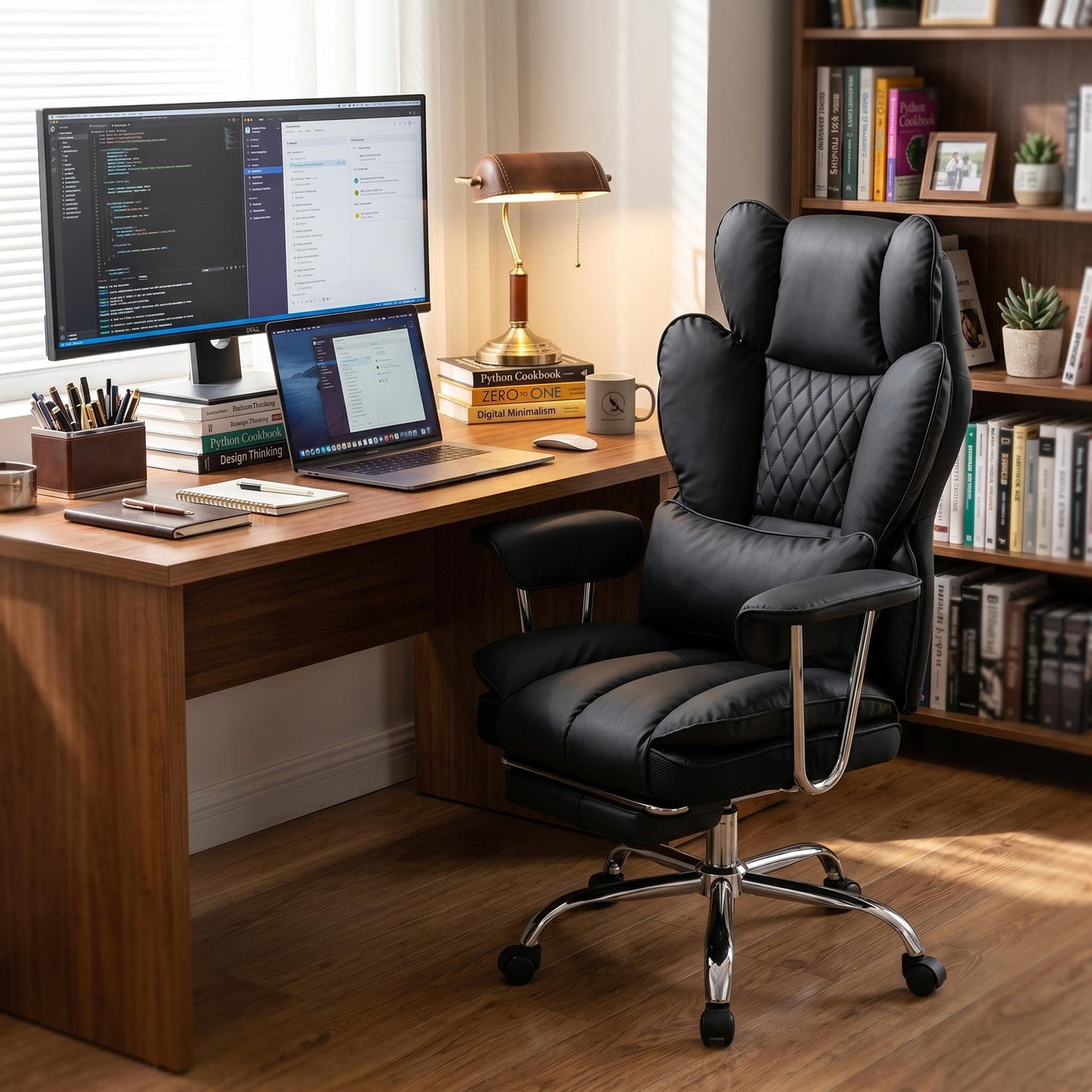 Big and Tall Office Chair with Pocket Spring Cushion, High Back Ergonomic Desk Chair for Home Office, Thick Padded Seat, Adjustable Armrests & Lumbar Support, with Footrest, PU Leather, Black