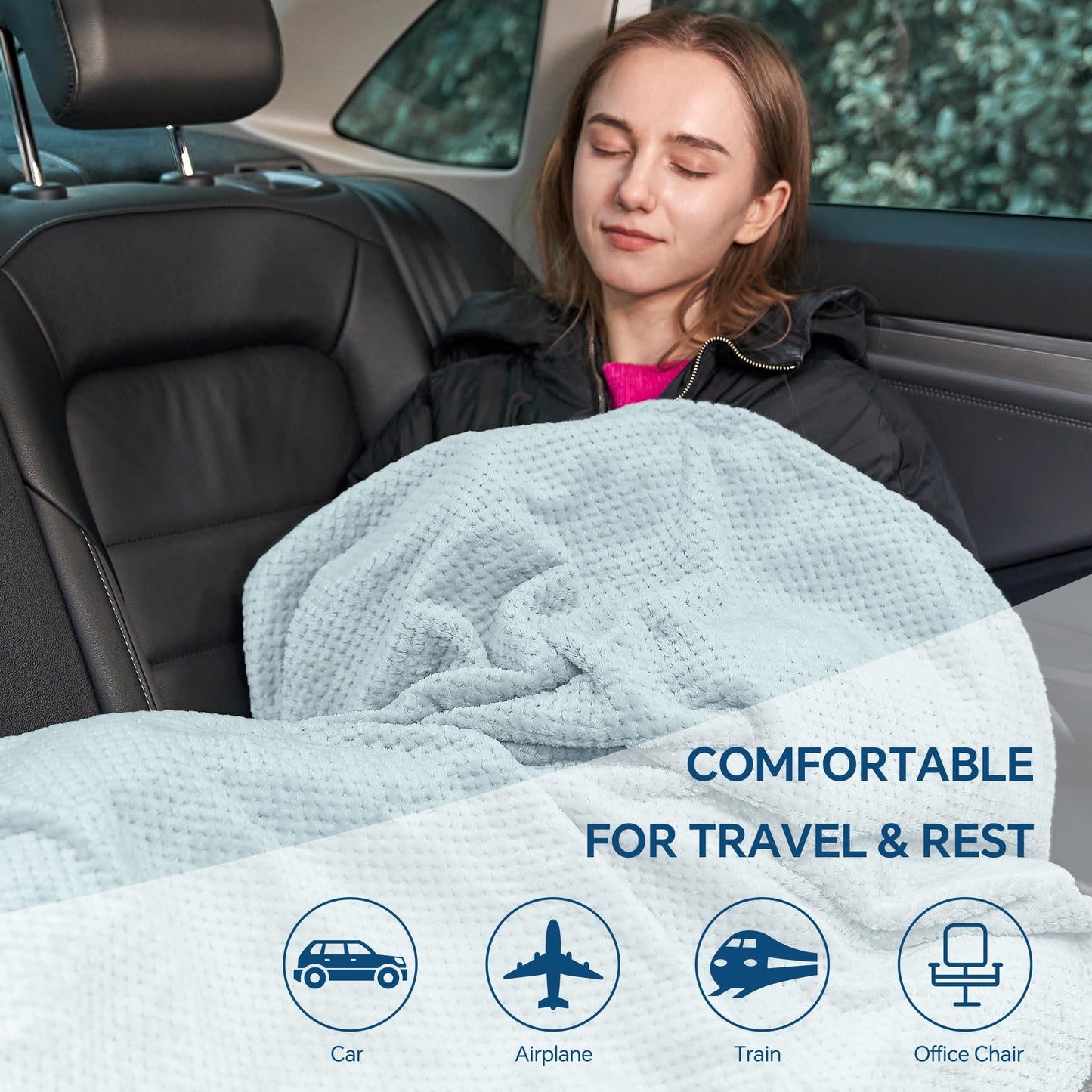 BEDELITE Travel Blanket and Pillow Set 2-in-1, Ultra-Soft Jacquard Fleece Blanket with Bag, Airplane Blanket with Luggage Sleeve & Backpack Clip Travel Essentials, Blue