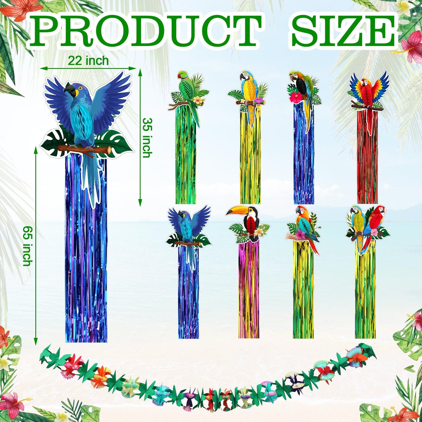 Gemscream 10 Pack 2026vbs Rainforest Tropical Birds Decorations Set Hawaiian Luau Party Supplies Includes 8 Pcs Tassel Hanging Swirls 2 Pcs 6.6ft Tropical Garland Decor for Beach Birds Birthday Party