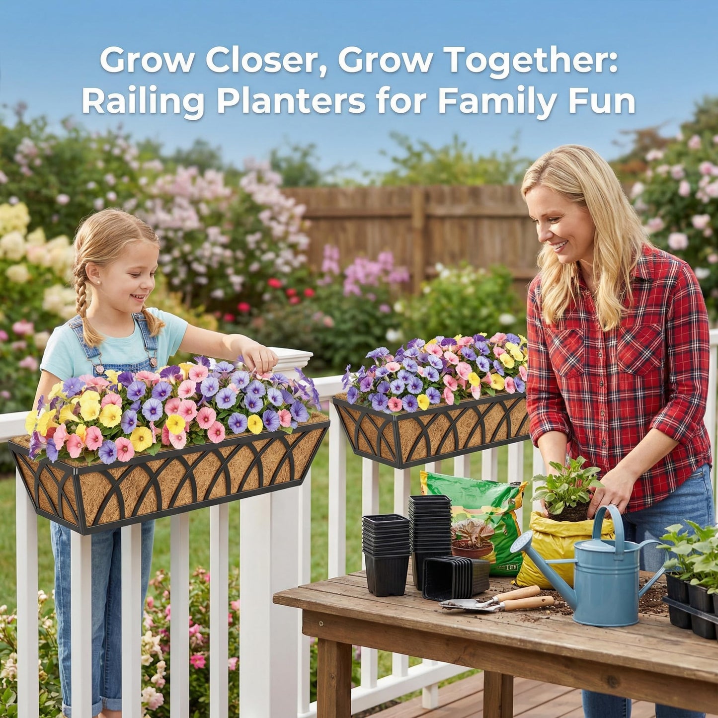 HFHOME 24 inch Railing Planter Box with Coco Liner, 24" Dia Window Box Trough with Coconut Coir Liners, Black Metal Hanging Flower Planter Basket for Indoor Outdoor Lawn - Set of 4