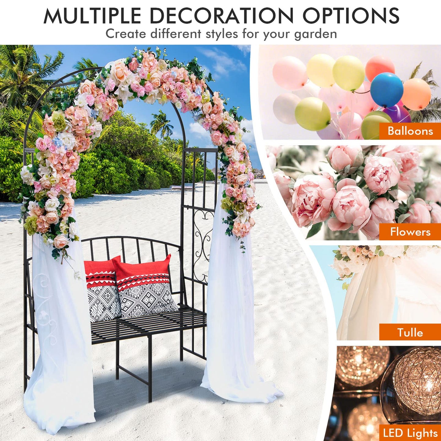 Moccha Metal Garden Arch with Bench, Outdoor Pergola Trellis Archway for Climbing Plant Roses Vines, 2-Person Garden Arbor with Seat for Backyard Weeding Party Ceremony, 81” x 45.5'' x 20'', Black