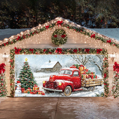 HOMETITUTE Christmas Garage Door Banner 13x6ft Red Truck Christmas Tree Snowman Barn Theme Backdrop Banners for Outside Inside Winter Door Cover Garage Wall Covering for Party Garage Decorations