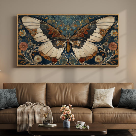 Framed Vintage Butterfly Wall Art for Living Room, Extra Large Horizontal Canvas Artwork Decor, Retro Rustic Picture Print Painting for Bedroom Hallway 60x30 Inch