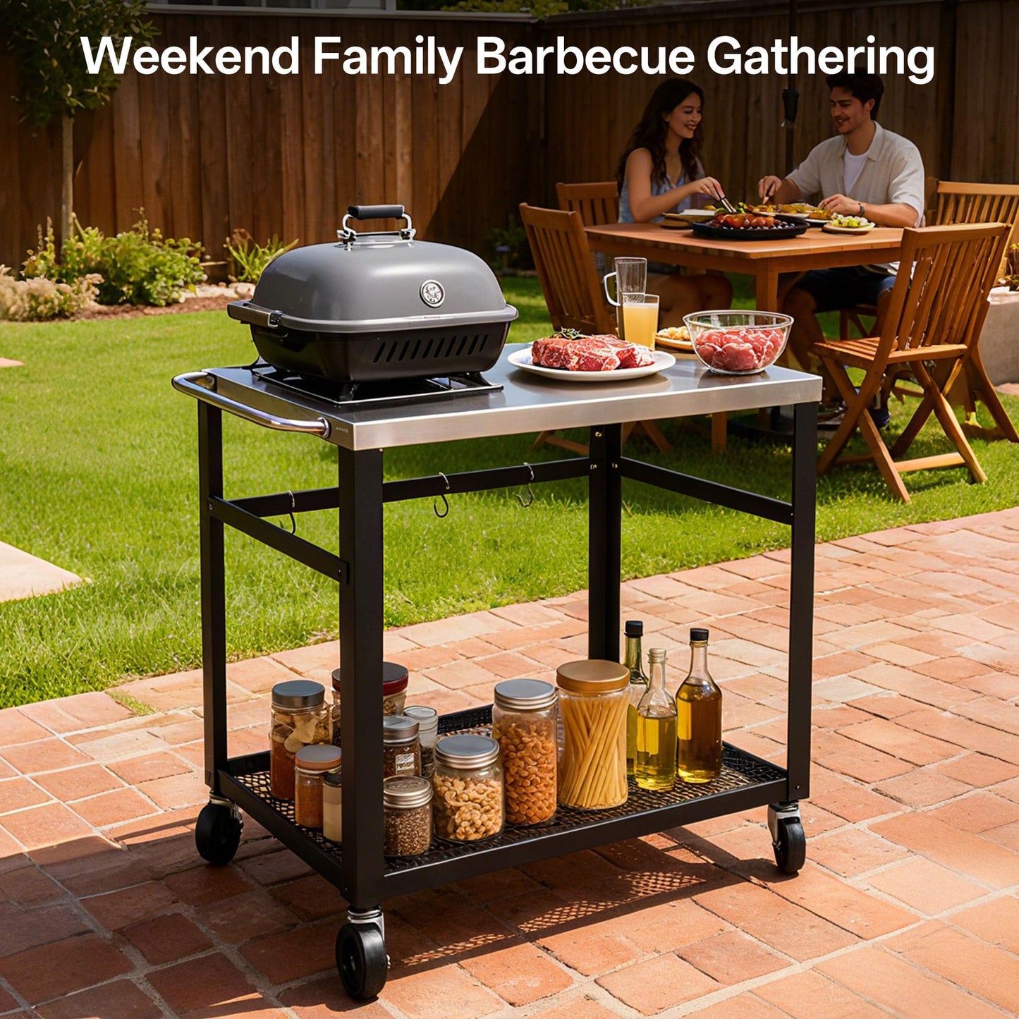 KEIKI 2-Tier Outdoor Grill Cart Table with 4 Wheels, Tool Hooks, Mesh Shelf, Movable BBQ Cooking Prep Table, Pizza Oven Table, Serving Bar Cart for Backyard, Indoor, Outside, Kitchen, Stainless Steel