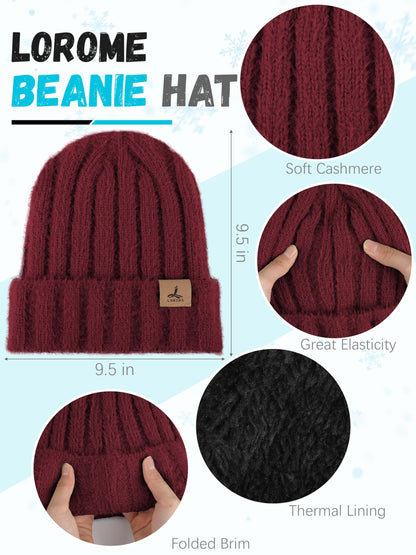 Winter Beanie Hat Scarf Gloves, Warm Fleece Knit Hat Long Scarf Neck Warmer Touch Screen Winter Gloves Set Gifts for Women Wine Red
