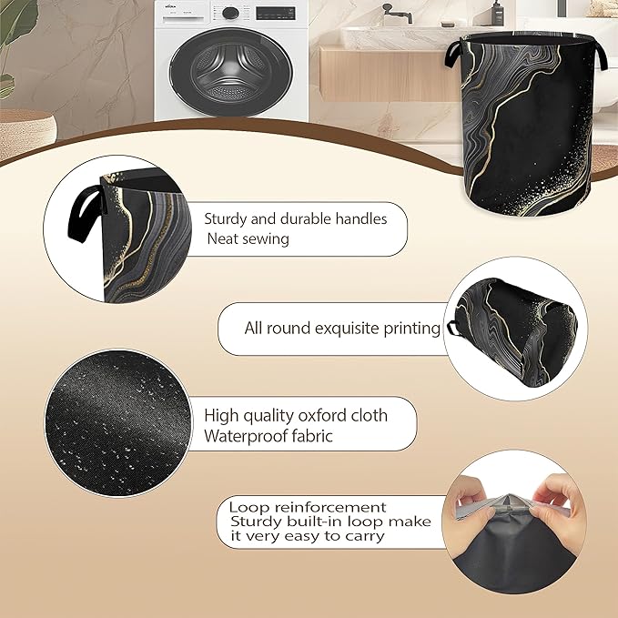 Black Gold Marble Laundry Basket, Modern Clothes Hamper, Oxford Cloth