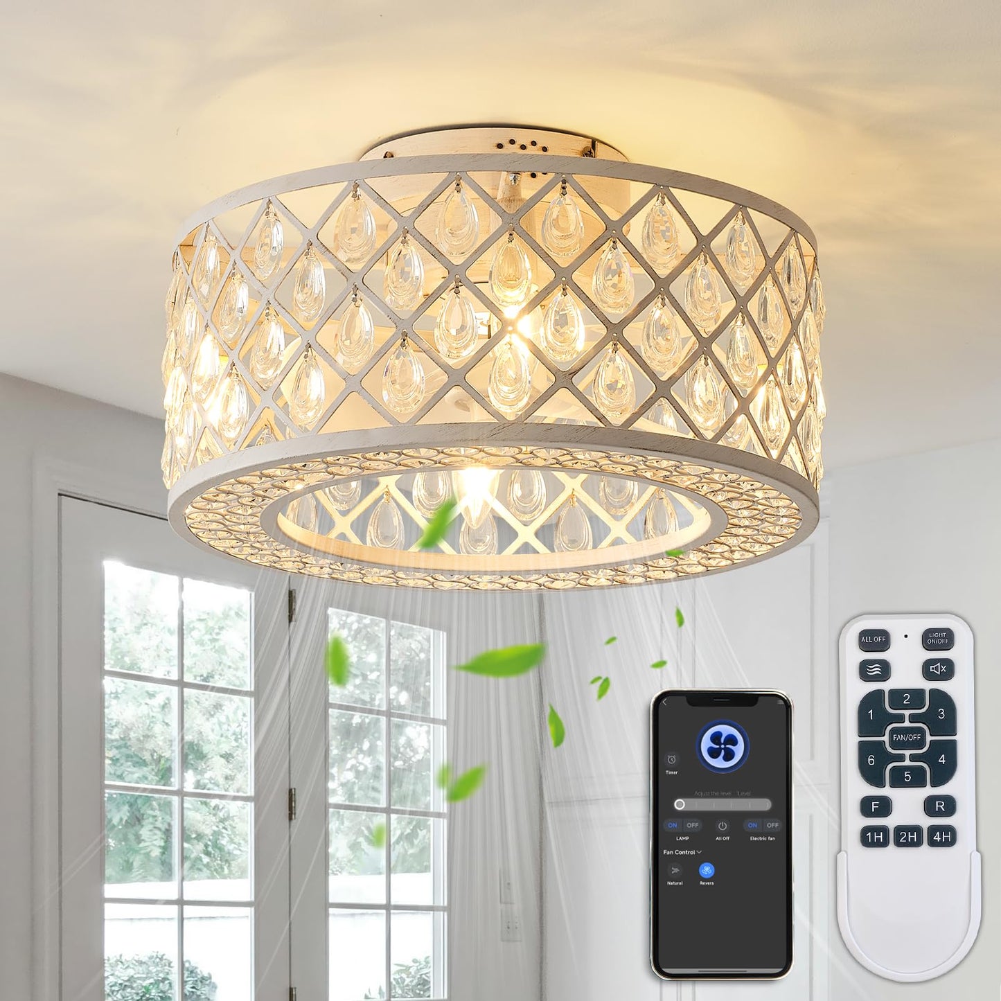 18 Inch Caged Ceiling Fans with Lights, Farmhouse White Crystal Fandelier Ceiling Fan and Remote/APP Control Low Profile Ceiling Fan for Bedroom Living Room Dining Room Kitchen Indoor, Including Bulb
