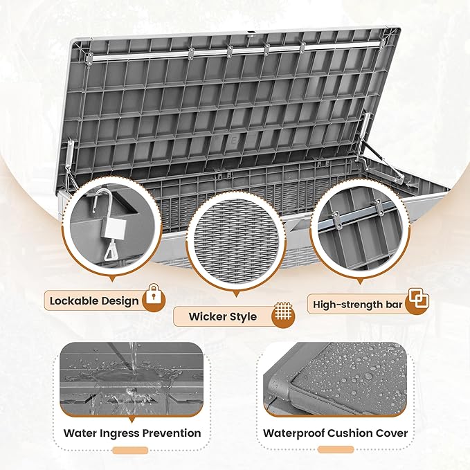 Greesum 100 Gallon Resin Deck Box Large Outdoor Storage with Cushions for Patio Furniture, Garden Tools, Pool Supplies, Weatherproof and UV Resistant, Lockable,Gray