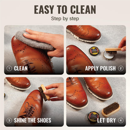 Stone & Clark 12PC Shoe Polish & Care Kit, Leather Shoe Shine Kit with Brown Wax, Shoe Brushes for Polishing, Shine Cloth & Shoe Horn, Compact Shoe Cleaning Kit with Horse Hair Brushes & PU