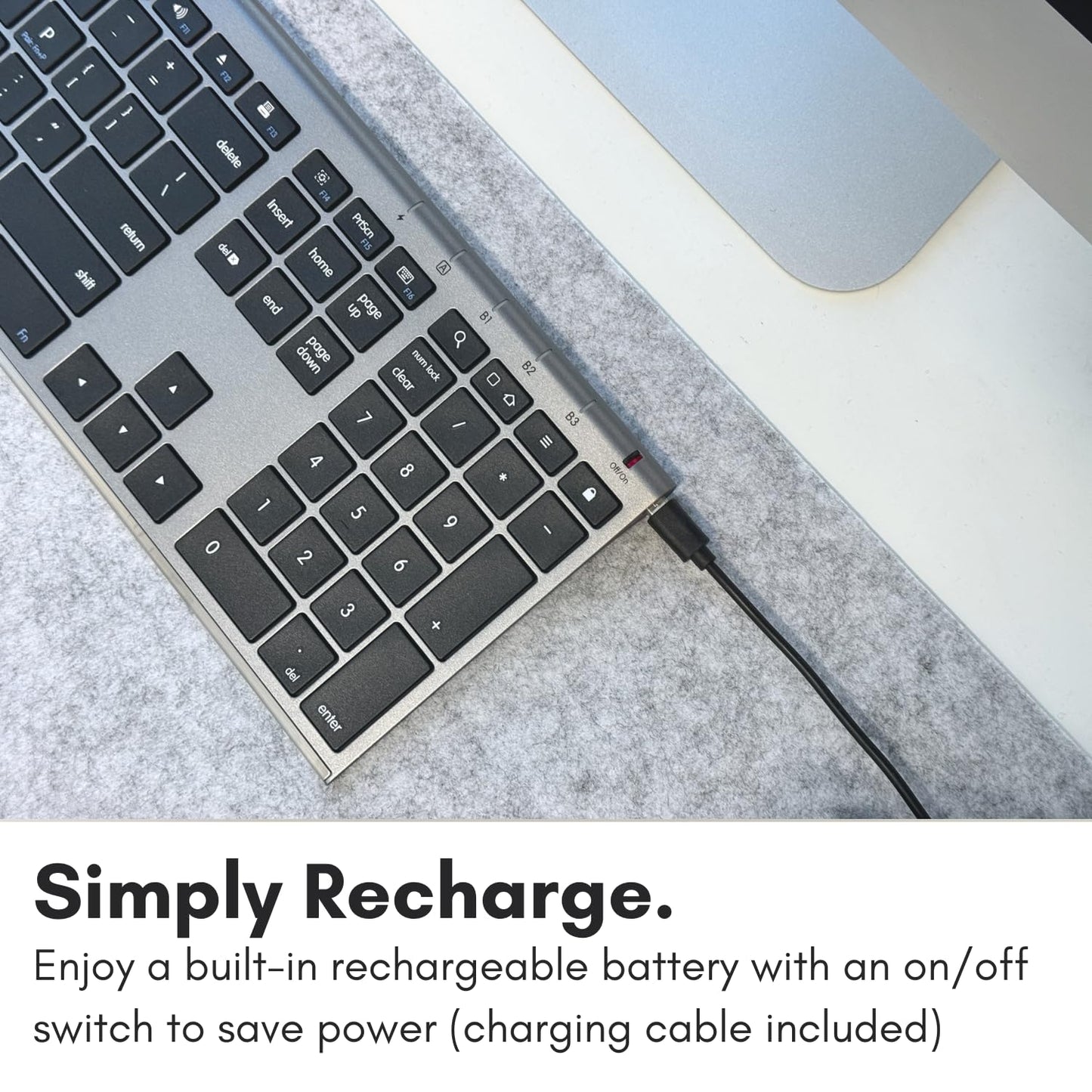 Macally Wireless Bluetooth Keyboard for Mac - Compatible Apple Keyboard or MacBook Pro/Air, iMac - Multi-Device, Up to 3 Devices with 110 Keys, 20 Shortcuts, Numeric Keypad, and Rechargeable - Silver
