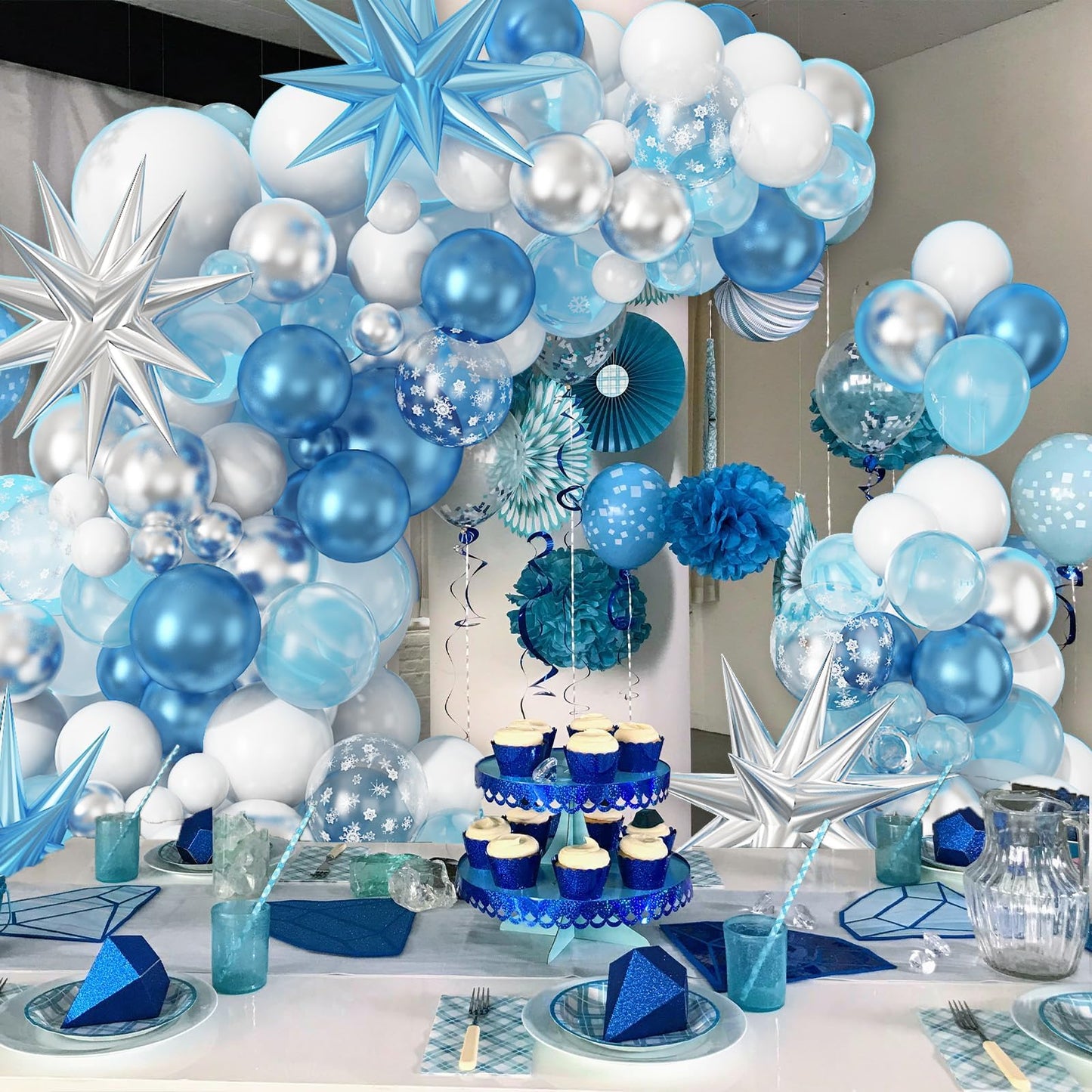 Winter Snowflakes Balloon Arch Garland Kit, White Silver Winter Balloon with Rich Large Snowflakes Mylar Star Foil Balloons*5, Metallic Silver Blue Balloons for Winter Wonderland Girl Birthday Decorat