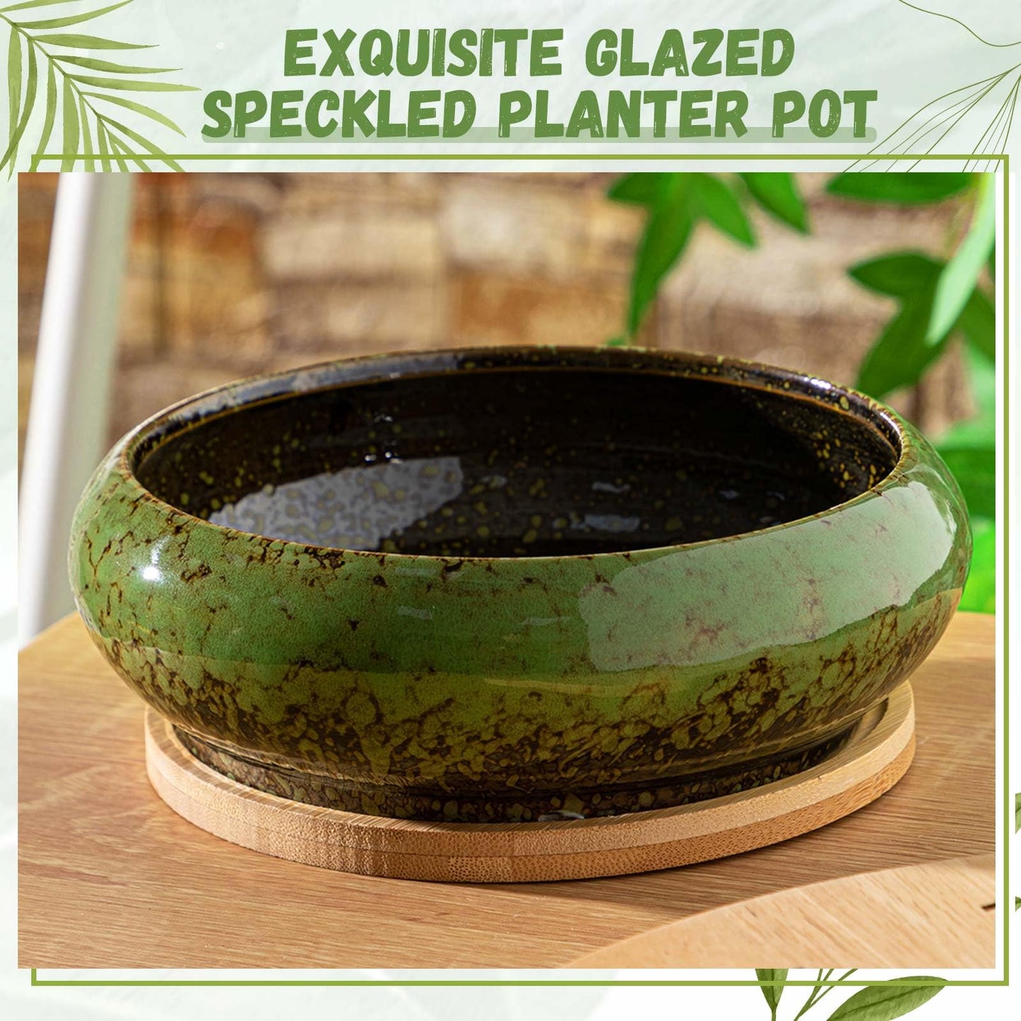 Acellegic 2 Pack 7.3 Inch Round Large Shallow Succulent Ceramic Planter Pots with Drainage Hole Drip Glazed Shallow Bonsai Pot with Bamboo Tray for Indoor Outdoor Plants Decor Cactus Flower