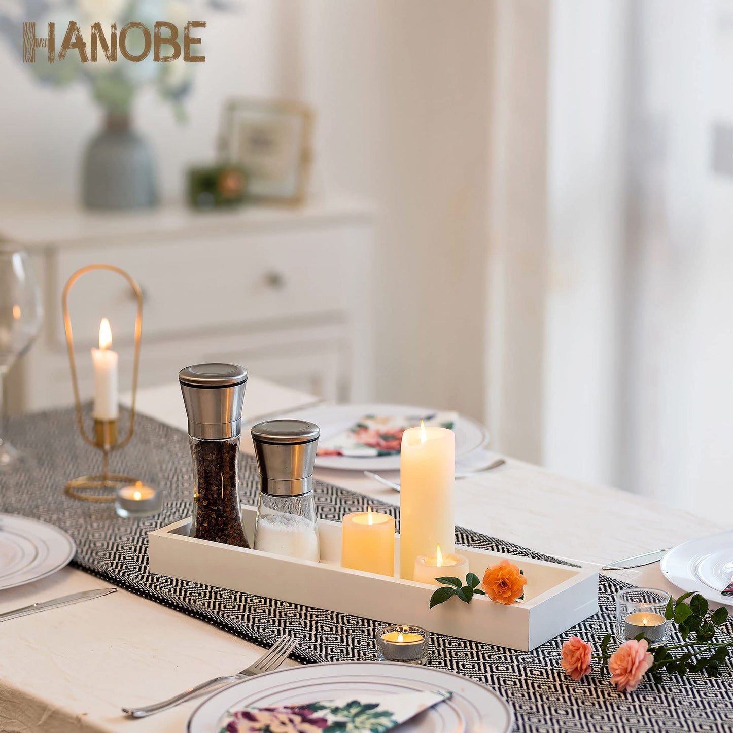 Hanobe Rectangular Long Narrow Tray: White Decorative Rectangular Candle Holder Centerpiece Tray Decor Serving Tray No Handle for Dining Table Coffee Bar Living Room Home Decor