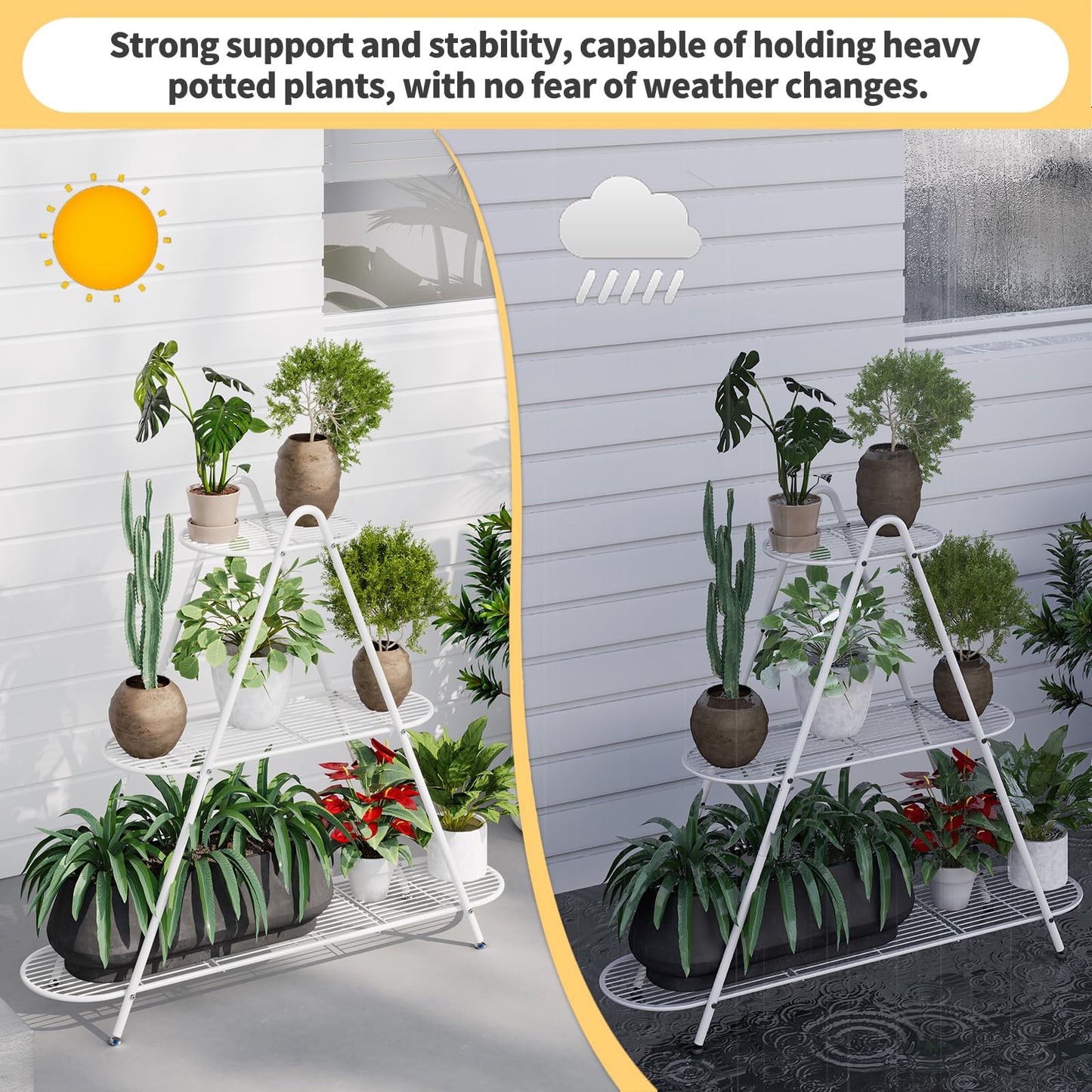 Furshus Plant Stand for Patio, 3-Tier Metal Plant Shelf–Indoor/Outdoor Display Rack for Multiple Pots, Heavy Duty Plants, Garden Flower Organizer (White)