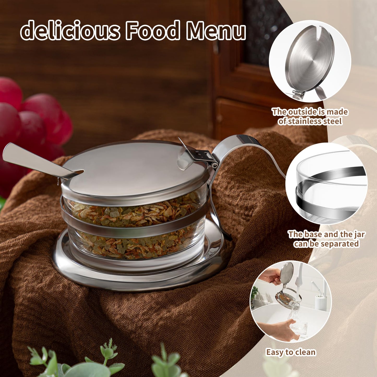 Honeydak 2 Set Stainless Steel Salt Cellar with Spoon 6.76 oz Salt Container with Spoon for Countertop, Seasoning Storage for Kosher, Sea, Candy, Pepper, Heavyweight Seasoning Jar