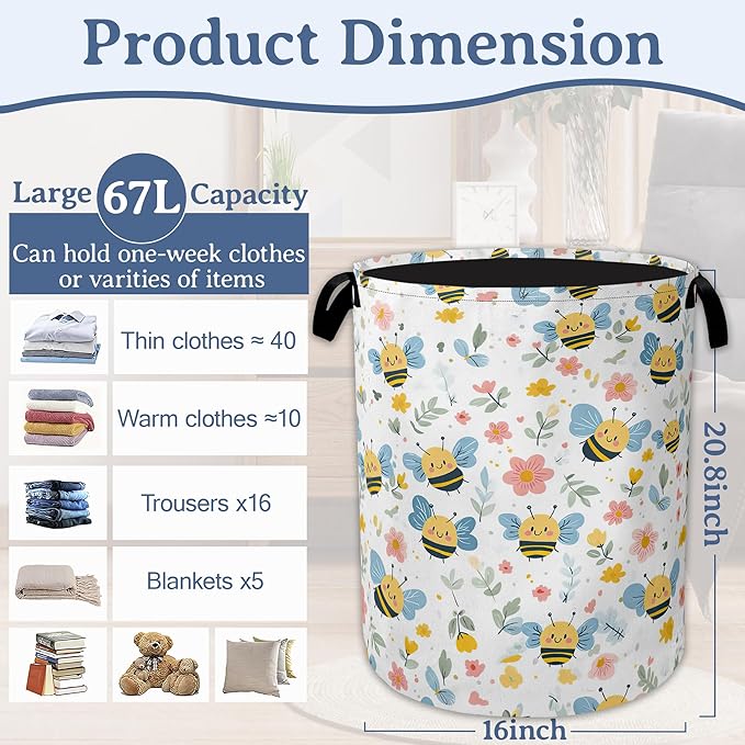 Cute Bee Laundry Basket, Foldable Oxford Cloth Pink Flowers Laundry Hamper