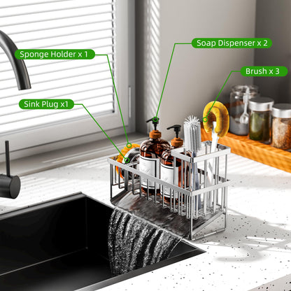 Cisily Kitchen Sink Caddy Organzier with High Brush Holder, Sponge Holder for Sink, 304 Rustproof Stainless, Kitchen Countertop Soap Dispenser Organizer, Kitchen Decor and Accessories