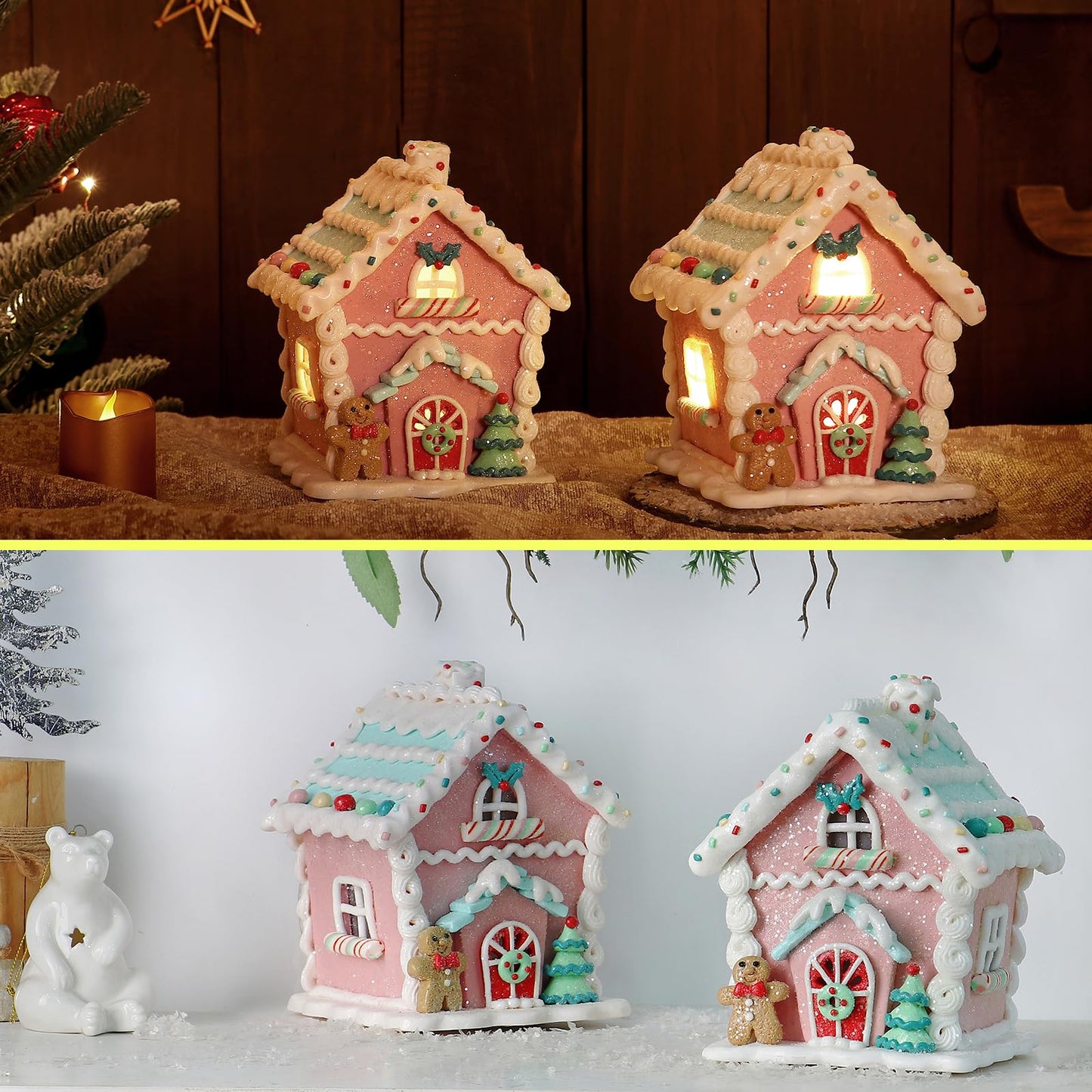 Season 2 Season Christmas Decorations 5.9" LED Gingerbread House Xmas Village Ornaments with Gingerbread Human Cookie and Christmas Pine Tree for Home Decor Holiday Decor