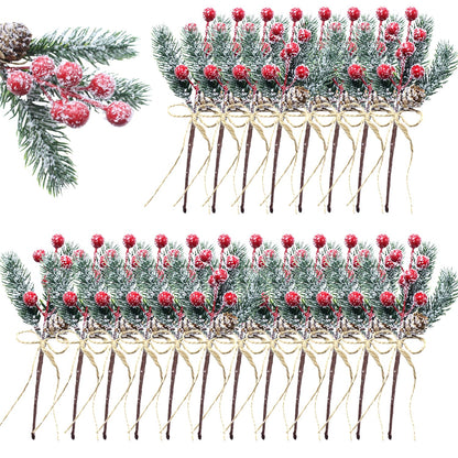 Christmas Floral Picks and Sprays, Pine Cones for Crafts, 20 Pack 8 Inch Christmas Flowers Picks, Red Berry Stems, Artificial Greenery for Holiday Wreaths, Garlands, Crafts, Gift Wrap (20)