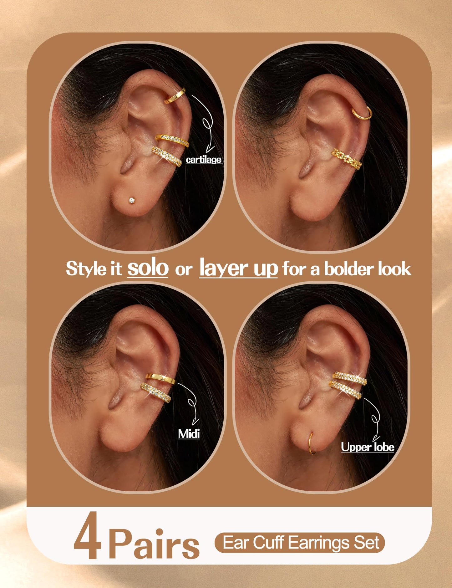 4 Pairs Ear Cuffs Non Piercing - 14K Gold Plated Ear Cuffs Earrings for Women Trendy Ear Cuff for Non Pierced Ears Clip On Carrtilage Earring Lightweight Adjustable Fake Earrings Set Dainty