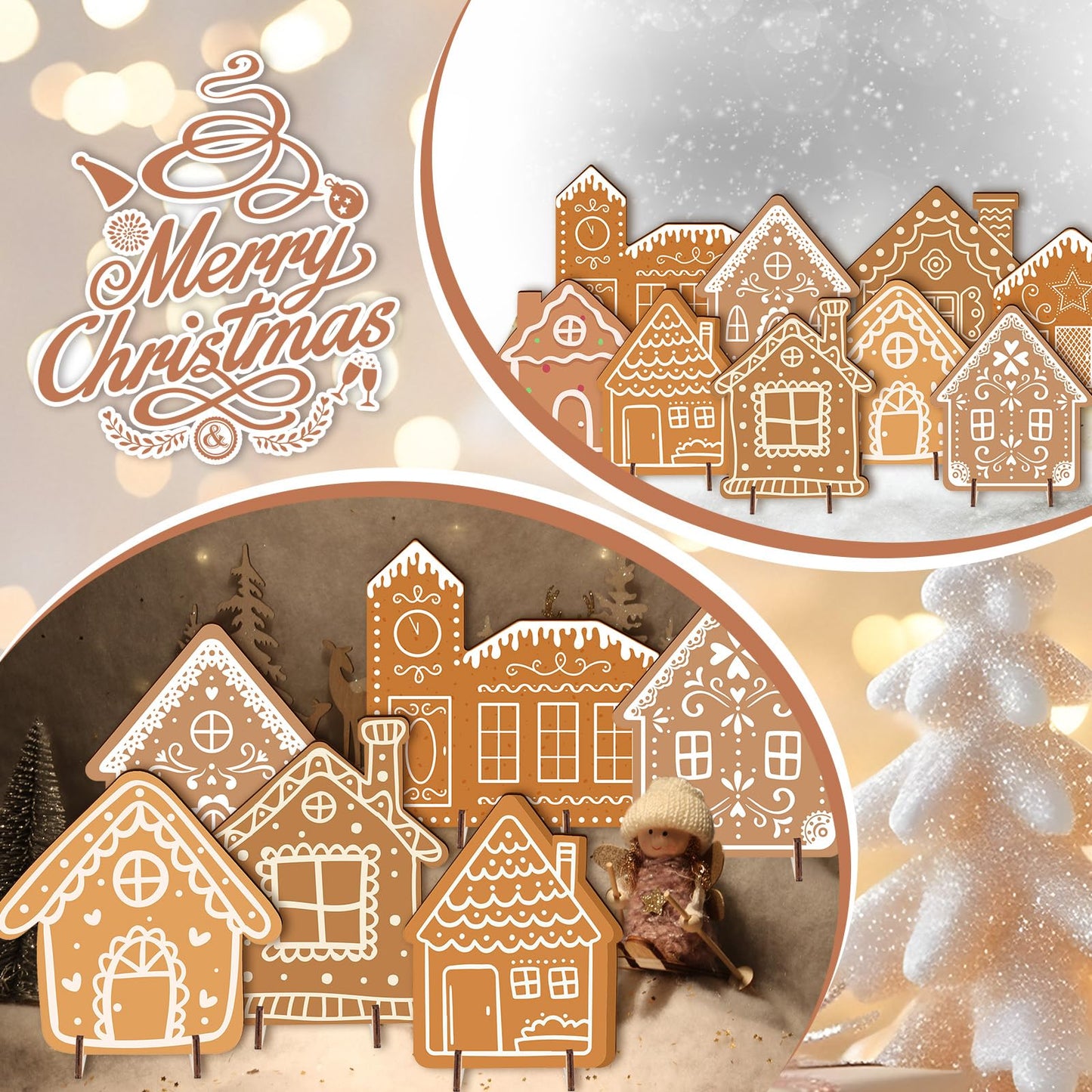 9Pcs Christmas Gingerbread House Tabletop Decorations Wooden Gingerbread Village Houses Table Centerpiece for Winter Holiday Home Office Coffee Bar Mantel Tabletop