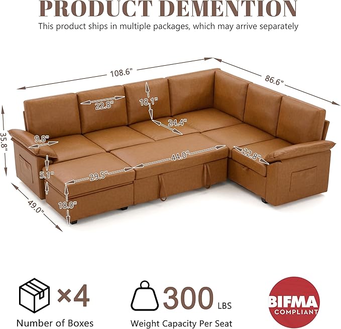 108 Inch Faux Leather Modular Sectional Sofa