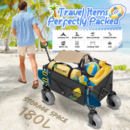 Beach Wagon with Big Wheels for Sand Heavy Duty Collapsible Wagon with 9" All Terrain Inflatable Tires, Foldable Beach Cart for Camping Outdoor Grocery Shopping Garden Sports
