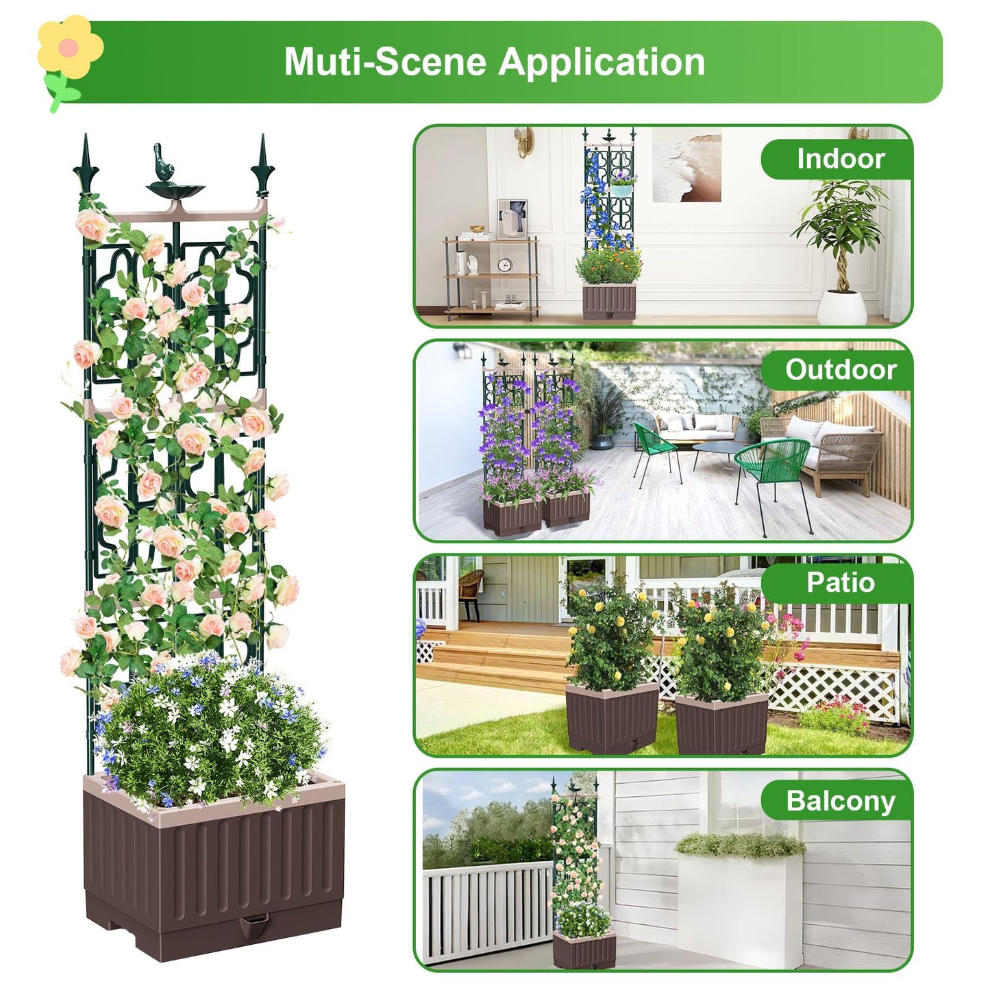MQHUAYU Raised Garden Bed Planter Boxes with Trellis,61.4" Self-Watering Trellis with Planter Box for Climbing Plants Flowers Vegetables,Use for Indoor Outdoor