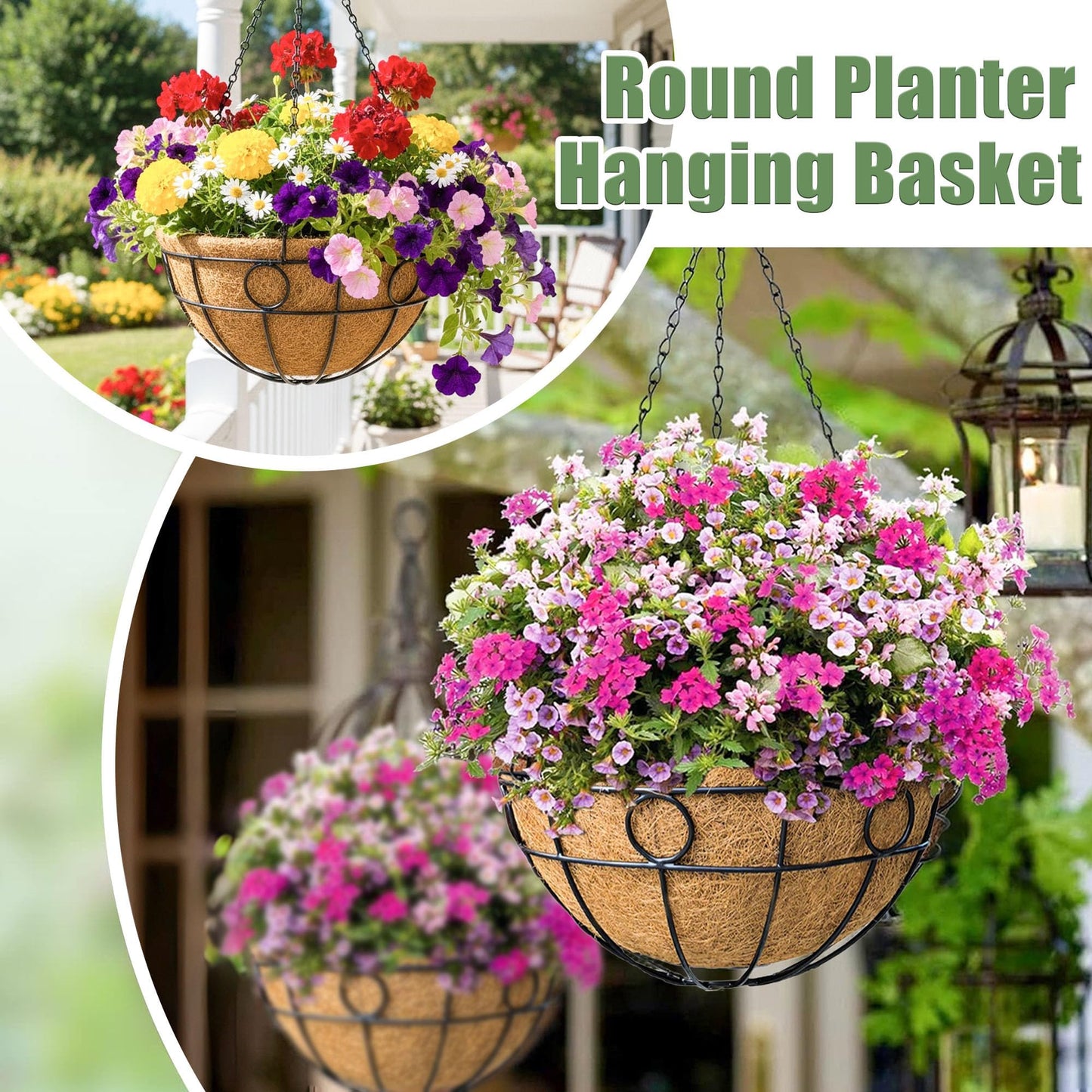 4 Pack 14 Inch Hanging Baskets for Plants Outdoor Metal Hanging Planters with Coco Coir Liner Round Wire Plant Holder Hanging Flower Pots for Outdoor Patio Lawn Balcony Garden Decor - Circular