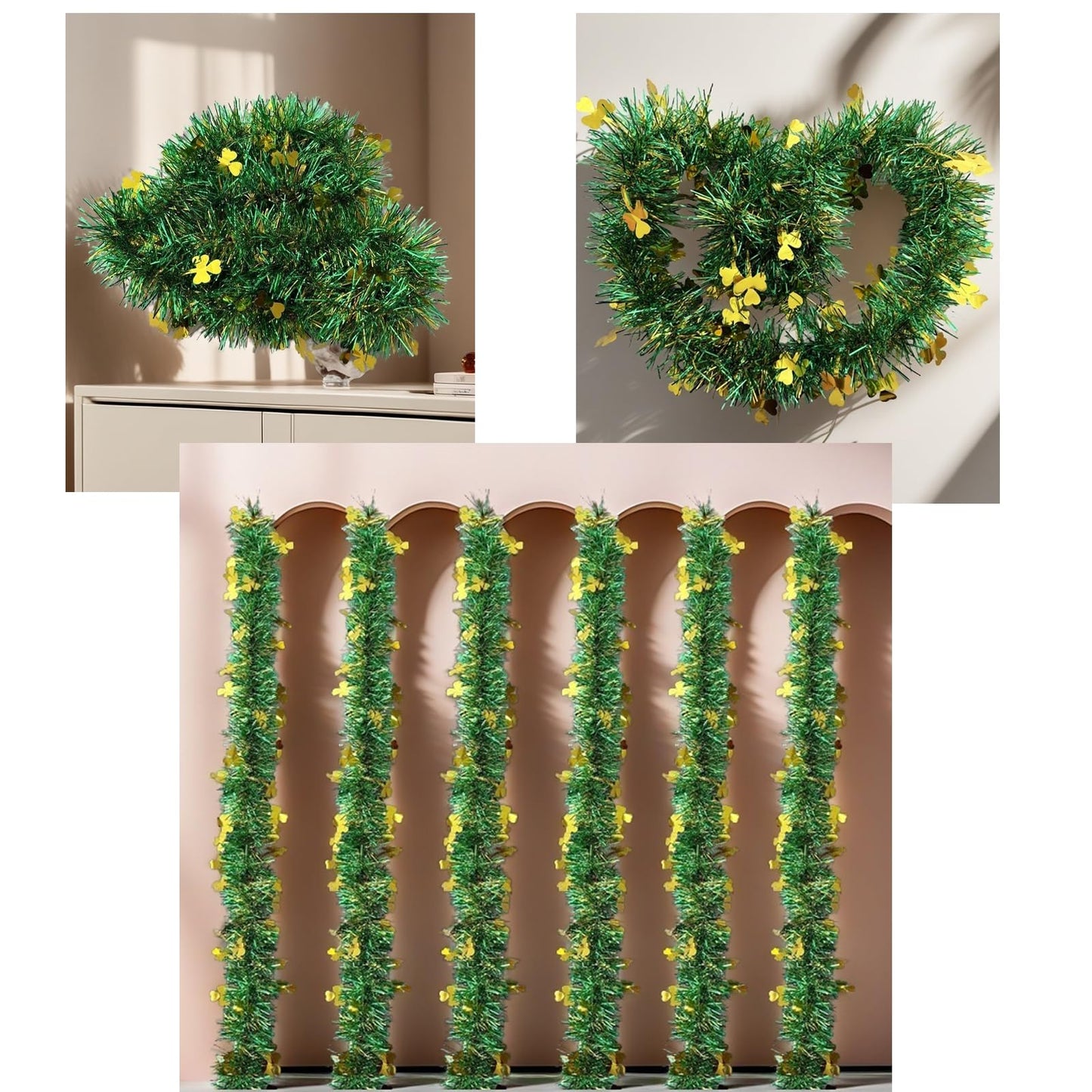 LKBBC St. Patrick Garland, 50 FT Green Gold Fringe Tinsel Garlands with Lucky Shamrock Clover Hanging Glitter Streamers for Irish Ireland Themed Party Home Decoration