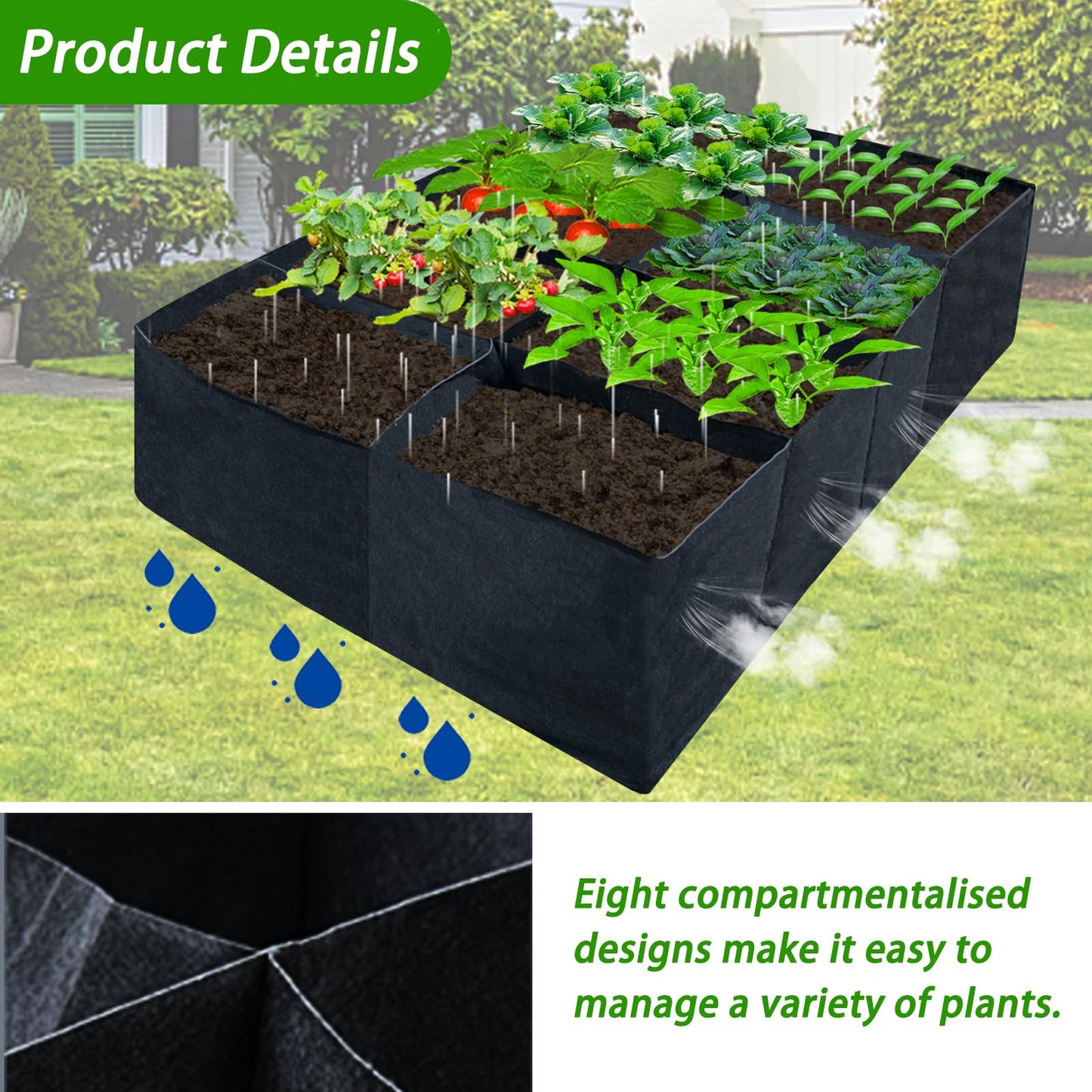 HzNzYHD 2PCS 6x3x1ft Fabric Raised Garden Bed,128 Gallon 8 Grids Rectangle Plant Grow Bags,Durable Outdoor Planter Raised Beds Pot for Growing Herbs Flowers Vegetables Potatoes Carrots