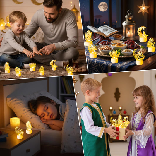 CUweipeng Ramadan Mini Lantern Lights Decoration - 6 Pcs Gold Moon Castle Lighthouse Eid Mubarak Lamp Plastic LED Night Light for Eid Ramadan Party Home Indoor Outdoor Bedroom Tabletop Decoration