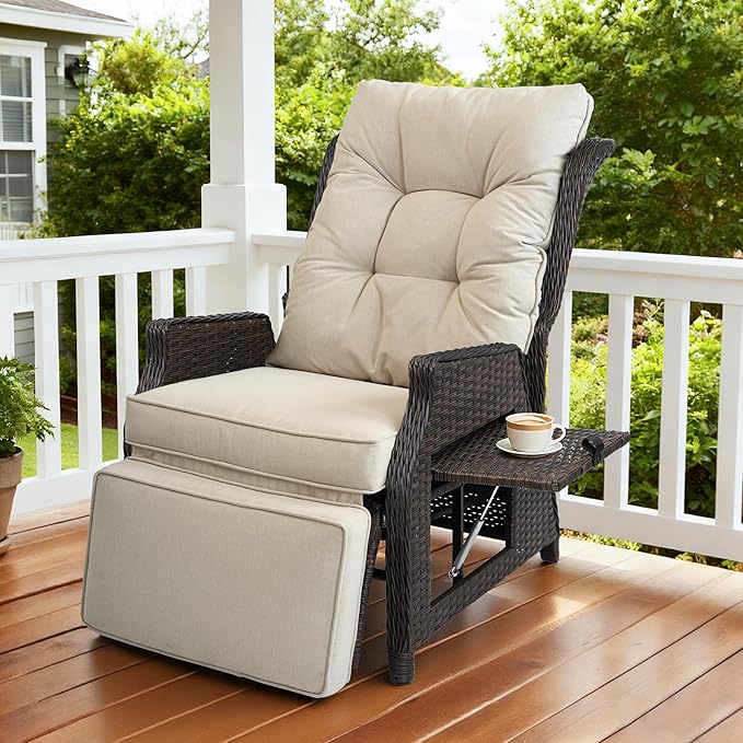 Outdoor Indoor Wicker Recliner with Adjustable Back and Footrest, Patio Reclining Chair with Flip-up Table, Outdoor Rattan Lounge Chair, Upgrade Beige