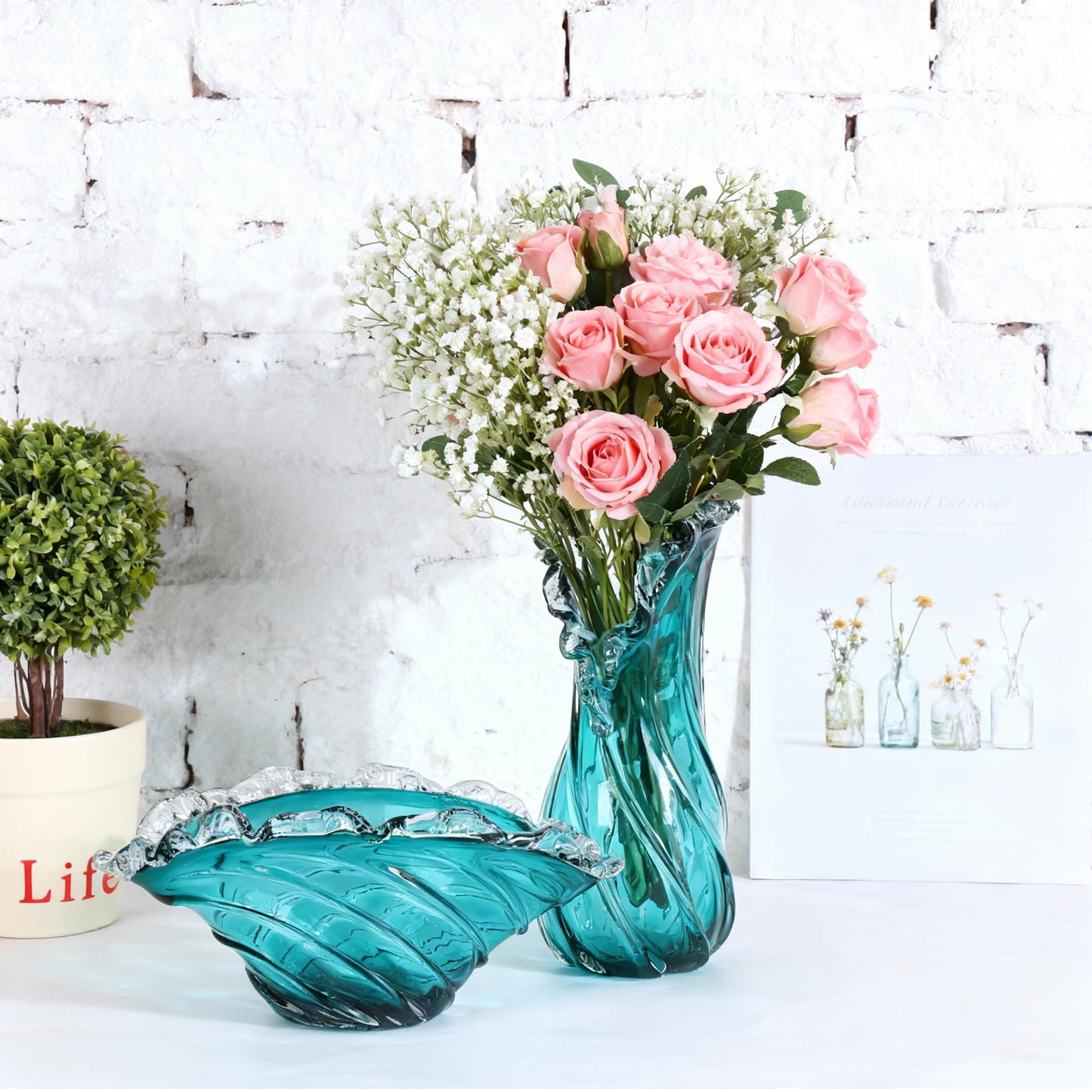 suruim Hand Blown Blue Ocean Wave Crystal Glass Bowl - Large Glass Bowl Decorative Sea Glass Fruit Bowls Art for Coastal & Modern Home Office Centerpiece