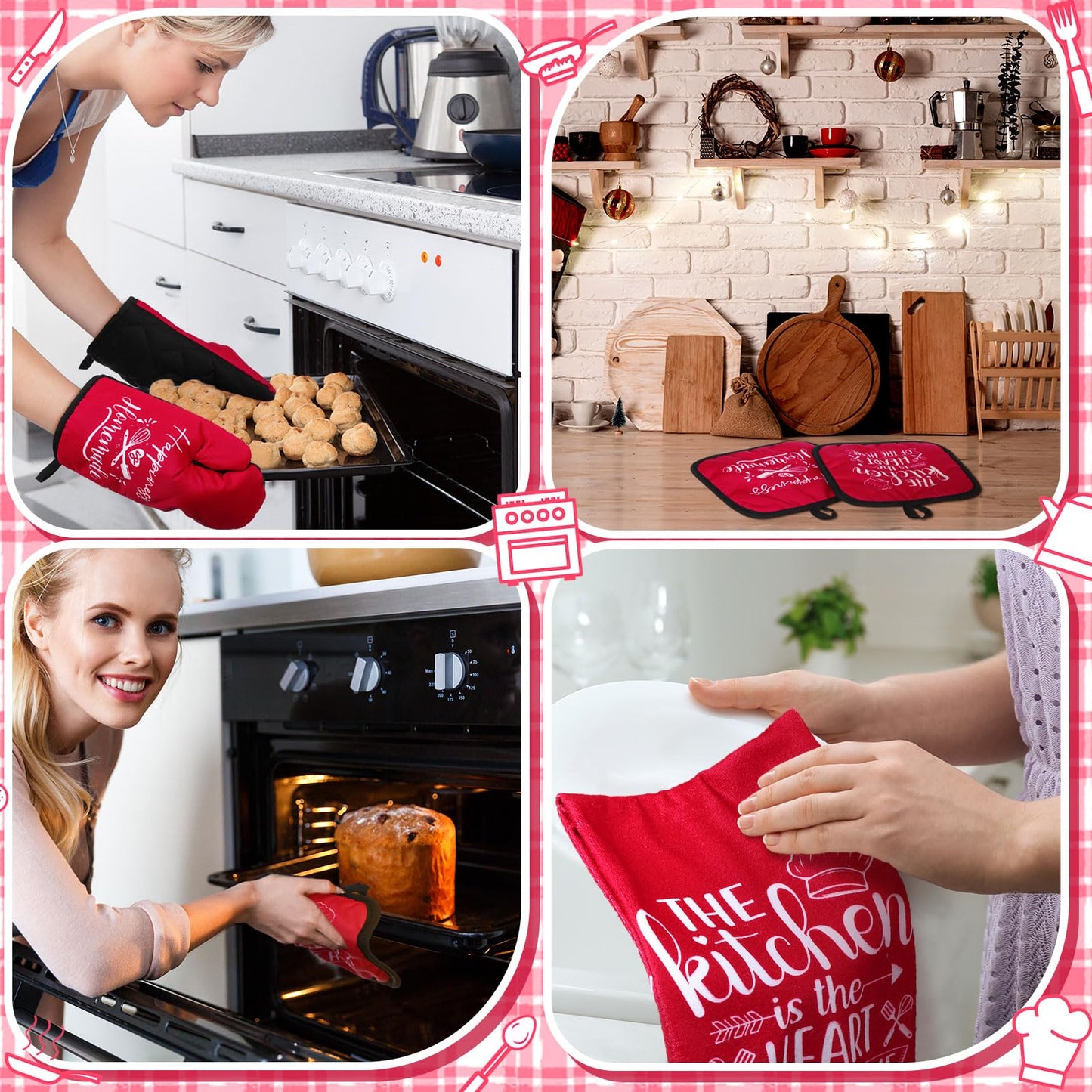 Sratte 6 Pcs Kitchen Decor Accessories Set Farmhouse Towels Pot Holders Oven Mitts Set 2 Dish Towels 2 Potholders 2 Cooking Mittens Oven Glove for Christmas Baking Cooking Supply(Red,Kitchen)