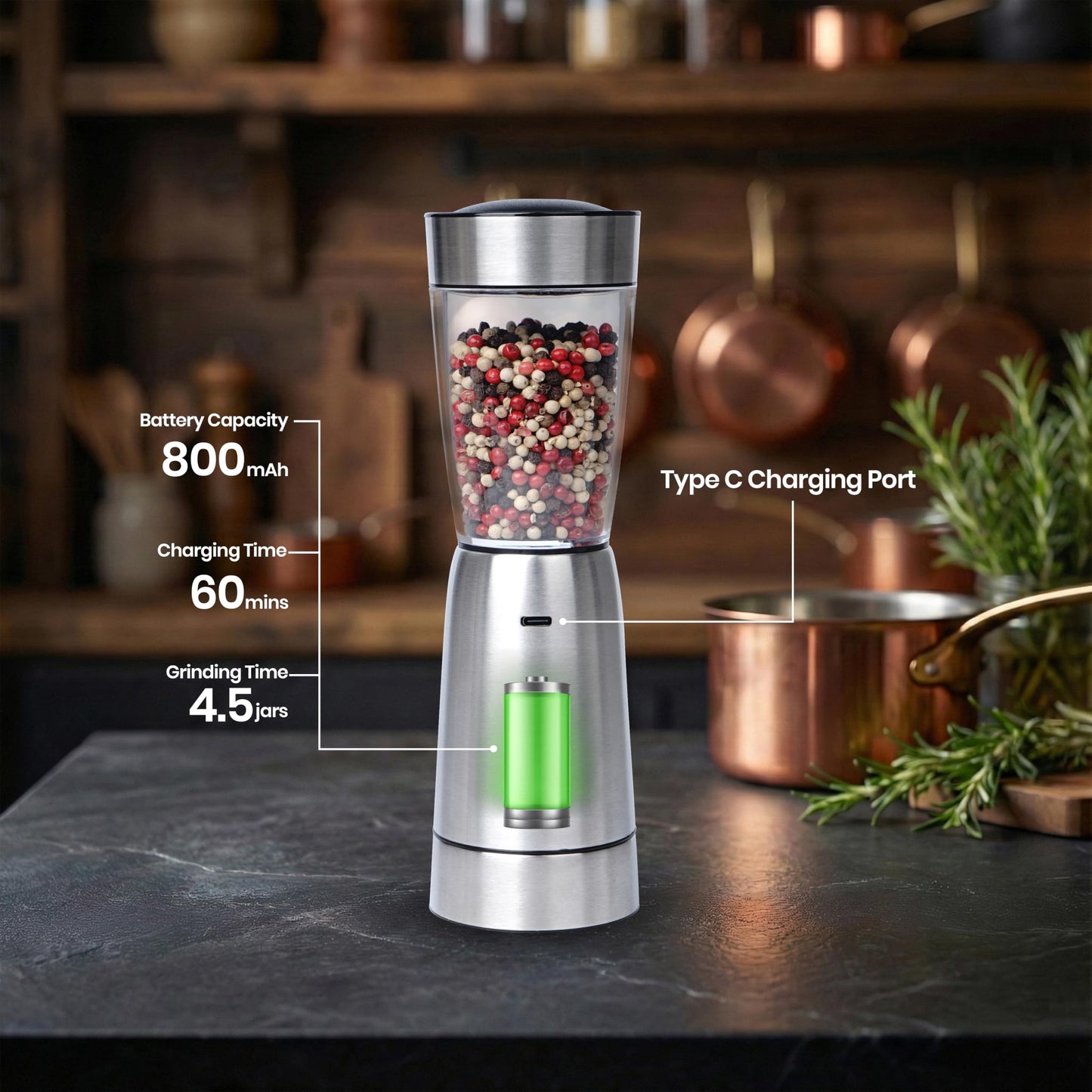 Essentialsmade Electric Salt and Pepper Grinder Set – Rechargeable Stainless Steel Mills – Upgraded 800mAh Battery, Large 200ml Capacity, & 5 Adjustable Coarseness Levels – Kitchen Seasoning Tools