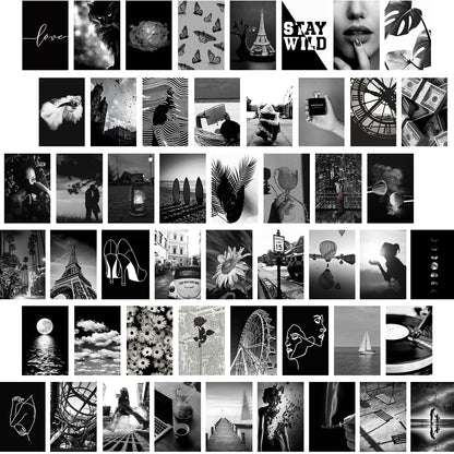 Yasowdkel Black White Aesthetic Wall Collage Kit, Aesthetic collage kit, 50PCS 4x6 Inch Picture Collage Kit for Wall Aesthetic,Black picture wall collage,Dorm Wall Decor, Cute Wall Decor for Teen