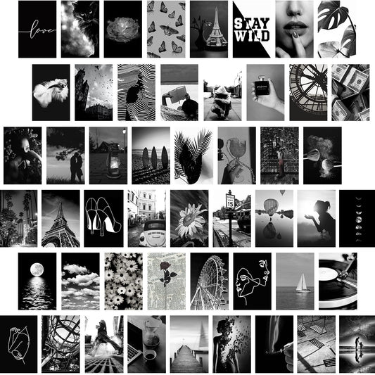 Yasowdkel Black White Aesthetic Wall Collage Kit, Aesthetic collage kit, 50PCS 4x6 Inch Picture Collage Kit for Wall Aesthetic,Black picture wall collage,Dorm Wall Decor, Cute Wall Decor for Teen