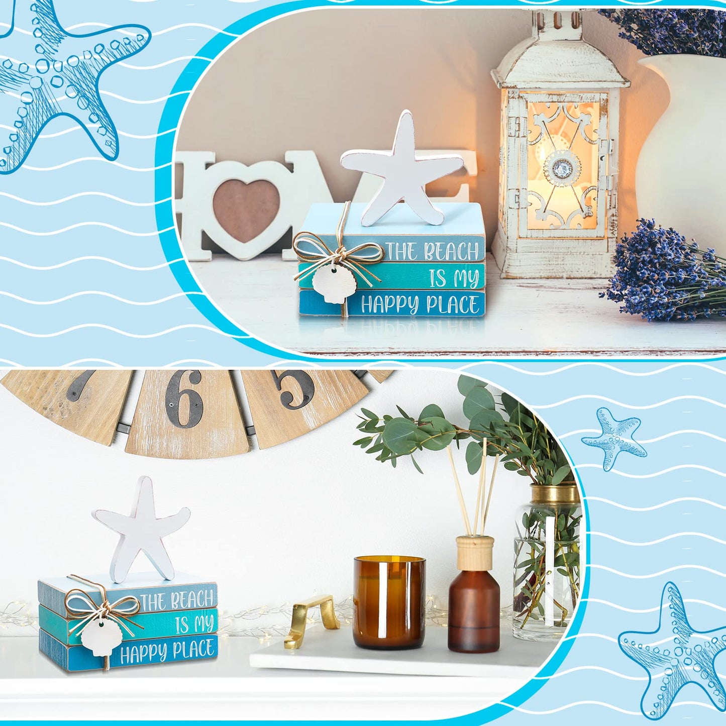 Pinkunn 4 Pcs Summer Table Coastal Theme Decorations Wooden Beach Starfish Stacked Book Sign Nautical Tiered Tray Signs & Plaques for Tabletop Shelf Mantel Office Beachy Room Decor