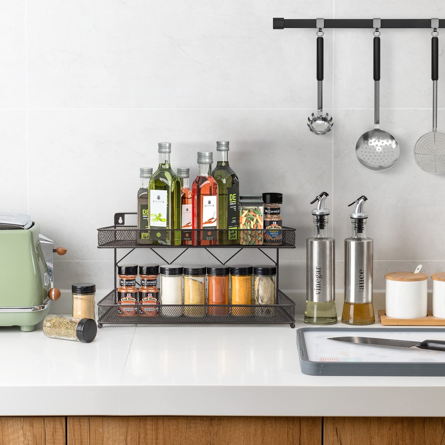 Megier 2 Tier Metal Kitchen Counter-top or Wall Mount Spice Rack, Jars Storage Organizer, Cabinet Holder, spice seasoning organizer for Partry (Bronze)