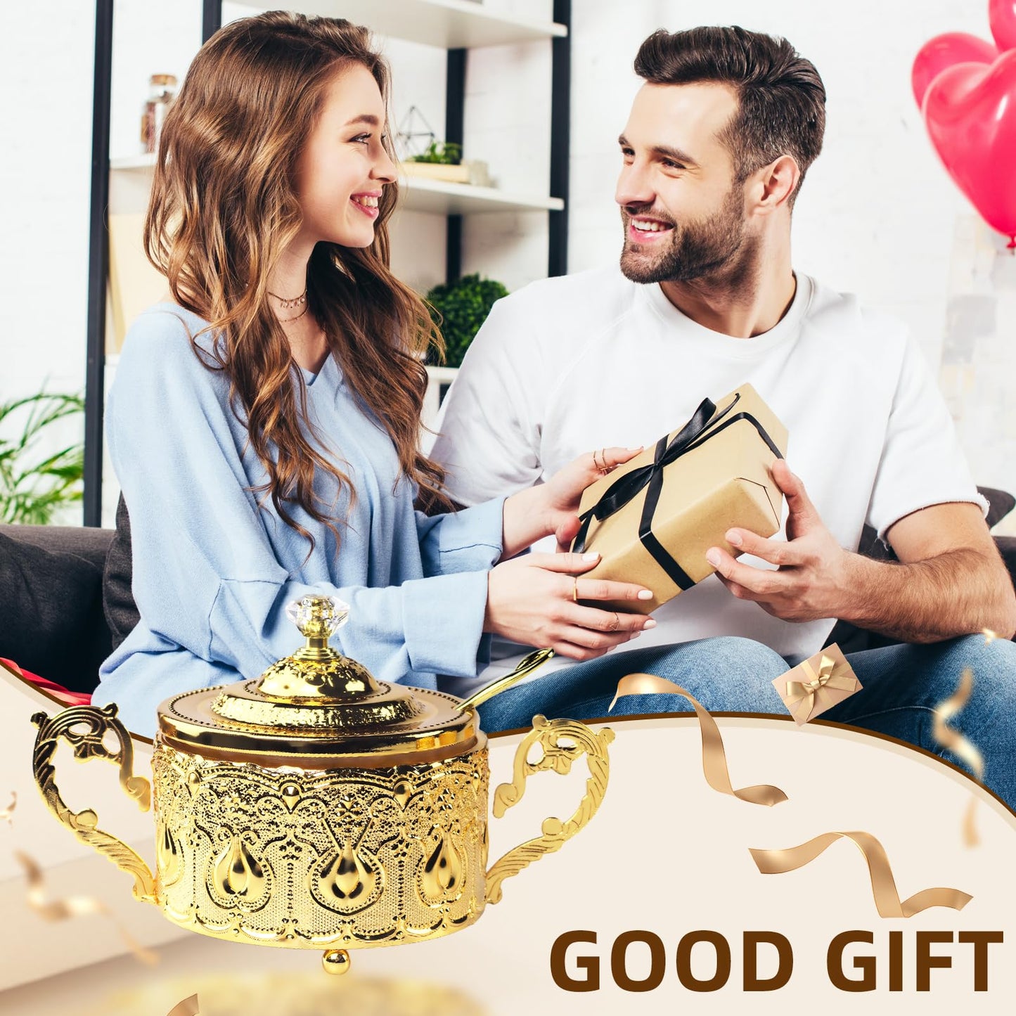 Flylin Sugar Bowl, Turkish Sugar Bowl with Lid and Spoon for Candy Cookie Honey, Golden Vintage Glass Seasoning Jar for Home and Kitchen Coffee Bar (6)