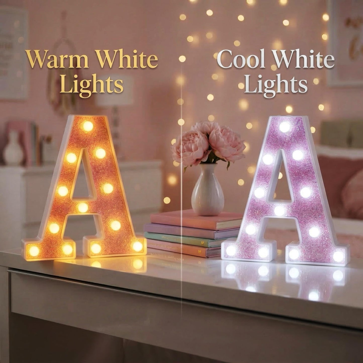 EUFONY Pink Glitter Marquee Light Up Letters, Battery Operated LED Letter Lights Signs for Pink Birthday Party Table Decorations, Wall Decor for Girls Bedroom, Initial Letter E with Warm White Lights