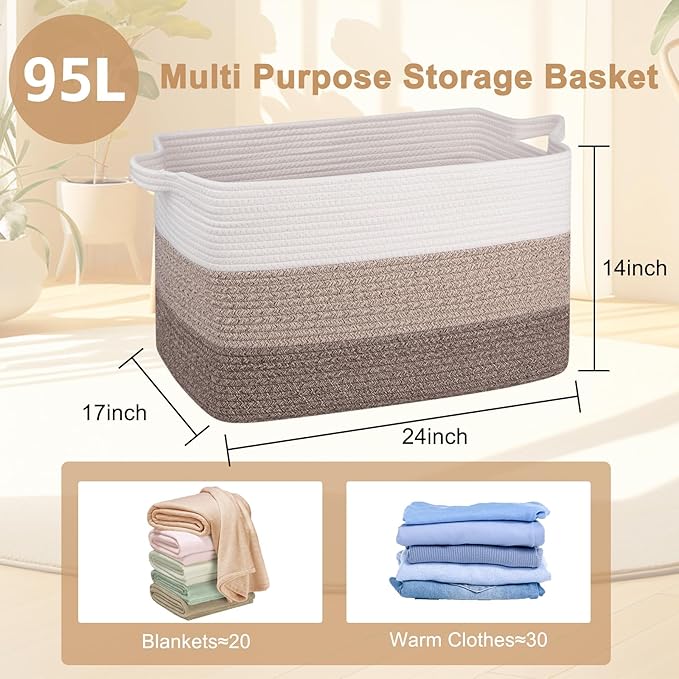 OIAHOMY Extra Large Blanket Basket, 95L Cotton Rope Woven Laundry Basket