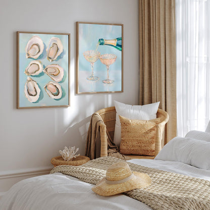 2Pcs Oyster Shell Wall Art Funky Bar Cart Cocktail Wall Decor Pictures Pastel Blue Wine Champagne Posters Print Girly Coastal Aesthetic Beach House Apartments Decoration Unframed 16x24in