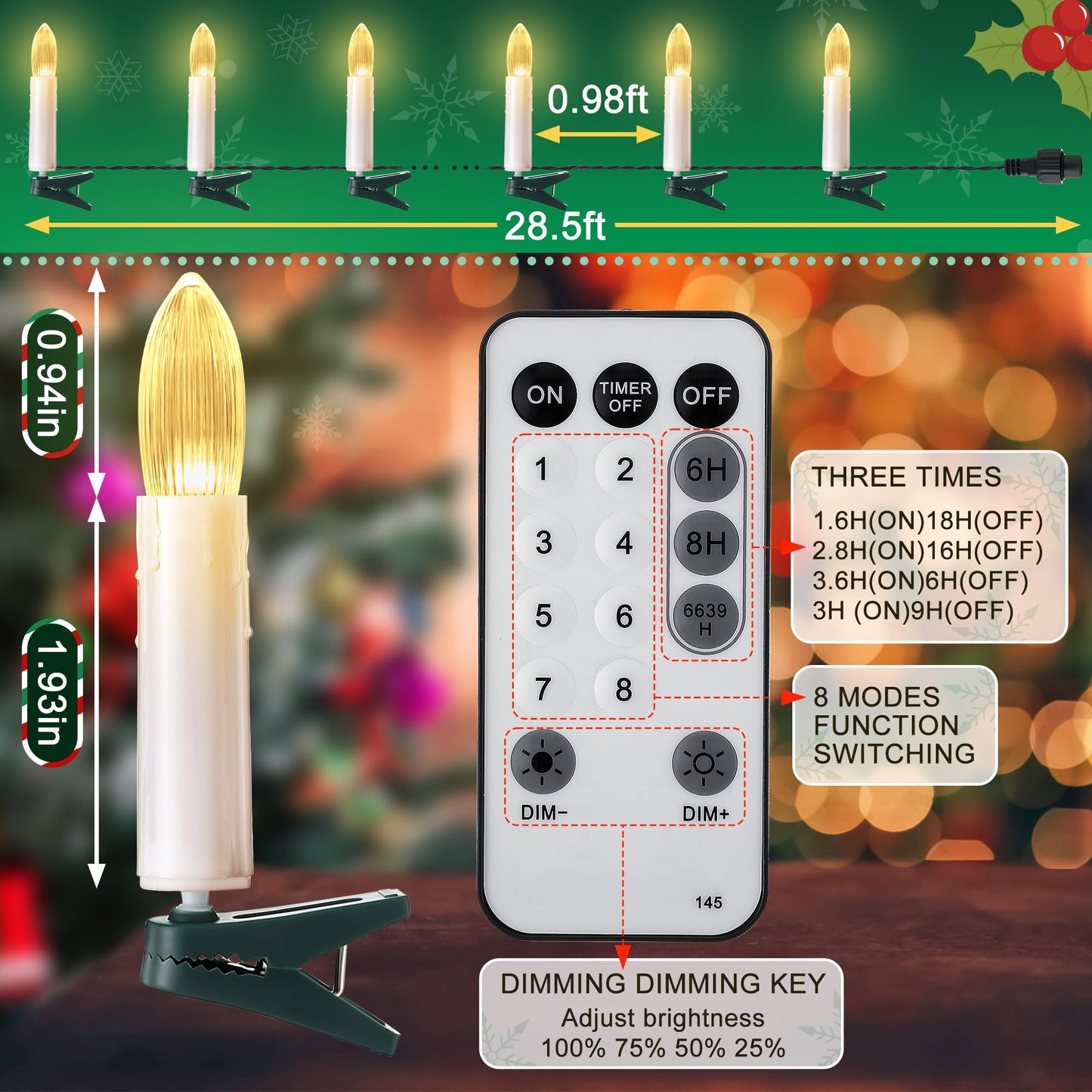 Hohean 20 Pcs Christmas Tree Flameless LED Candle Lights, White Flickering Candle String Lights with Remote Timer and 8 Modes, Xmas Taper Candles with Tree Clips for Holiday Garden Wedding Indoor