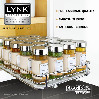LYNK PROFESSIONAL® Pull Out Spice Rack Organizer for Inside Kitchen Cabinets - 4-1/4 inch Wide - Slide Out Drawer – Chrome Sliding Spice Cabinet Organization Shelf Racks - 2 Tier