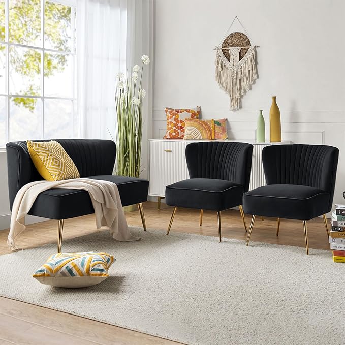 HULALA Home 3 Piece Velvet Living Room Furniture Set, Modern Comfy Upholstered